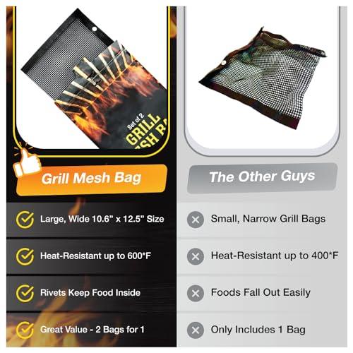 Grilling Accessories , 2 PCS BBQ Mesh Grill Bags , Reusable Non-Stick Grilling Pouches For Charcoal , Gas , Electric , Outdoor Grill & Smoker , Large Size 12.5 x 10.6 , Easy To Clean , Heat Resistant , Dishwasher - Safe , Gifts For The Barbecue Lover - CookCave