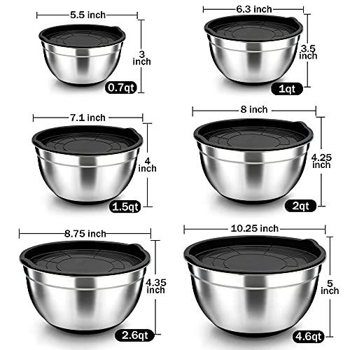 TeamFar Mixing Bowls, Black Mixing Bowls with Lids Set, Stainless Steel Nesting Salad Bowl with Air-tight Lid & Silicone Bottom, Non Slip & Stackable - Set of 6-4.6/2.6/2 / 1.5/1 / 0.7 Qt - CookCave