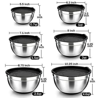 TeamFar Mixing Bowls, Black Mixing Bowls with Lids Set, Stainless Steel Nesting Salad Bowl with Air-tight Lid & Silicone Bottom, Non Slip & Stackable - Set of 6-4.6/2.6/2 / 1.5/1 / 0.7 Qt - CookCave