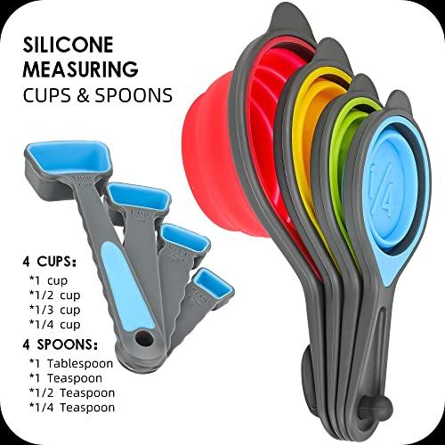 Hotsyang Collapsible Measuring Cups and Spoons Set,8 Piece Portable Silicone Measuring Cups and Spoons Set for Liquid & Dry Measuring, Collapsible Measuring Cups and Spoons Set, Red(random rainbow) - CookCave