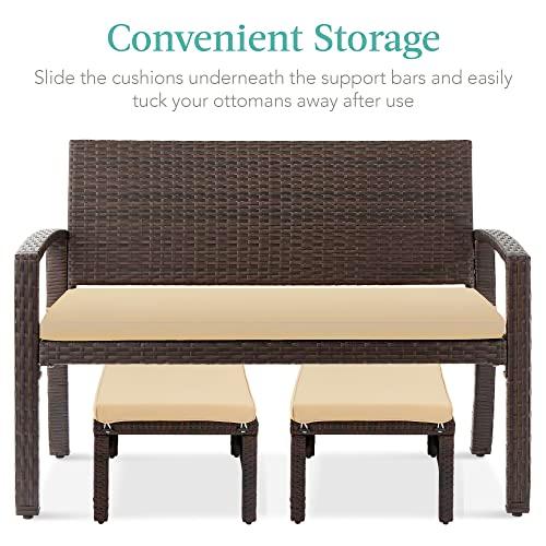 Best Choice Products Set of 2 Wicker Ottomans, Multipurpose Outdoor Furniture for Patio, Backyard, Additional Seating, Footrest, Side Table w/Removable Cushions, Steel Frame - Brown/Beige - CookCave