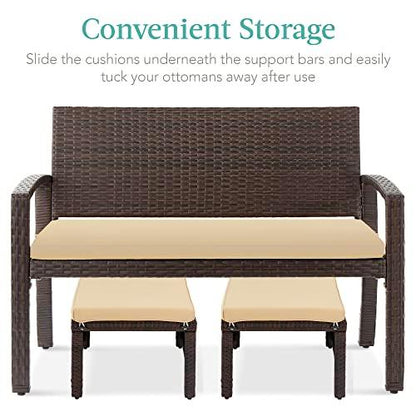 Best Choice Products Set of 2 Wicker Ottomans, Multipurpose Outdoor Furniture for Patio, Backyard, Additional Seating, Footrest, Side Table w/Removable Cushions, Steel Frame - Brown/Beige - CookCave