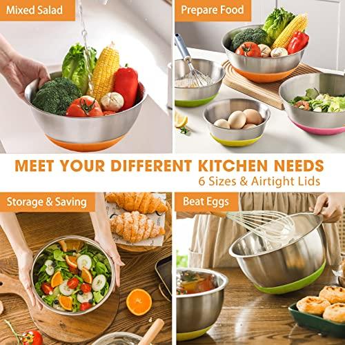 Umite Chef Mixing Bowls with Airtight Lids, 6 Piece Stainless Steel Metal Bowls, Measurement Marks & Colorful Non-Slip Bottoms Size 7, 3.5, 2.5, 2.0,1.5, 1QT, Great for Mixing & Serving - CookCave