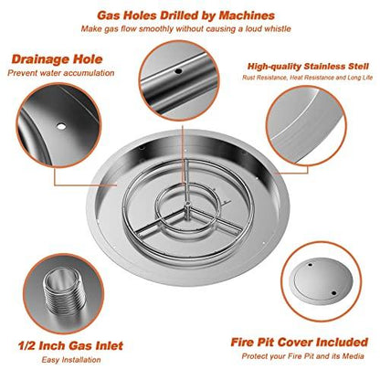 Skyflame 25 Inch Round Stainless Steel Drop-in Fire Pit Pan Fire Bowl with Burner Ring and Protective Cover, DIY Firepit System Assembly Set for Both Natural Gas and Liquid Propane - CookCave