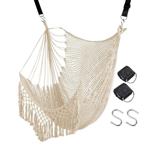 FSCGIFE Hammock Chair Large Hanging Chair Max 330 LBS Soft Cotton Rope Swing Chair for Outdoor, Indoor, Living Room, Garden, Yard (Beige) - CookCave