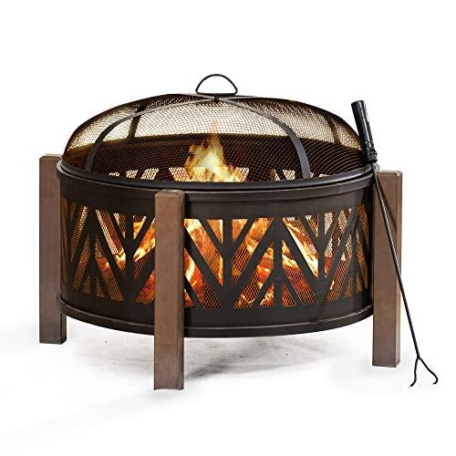 Sunjoy 27 in. Large Fire Pits for Outside Round Wood-Burning Fire Pit, Outdoor Patio Steel Bowl Shape Fire Pit with Mesh Spark Screen and Poker Tool - CookCave