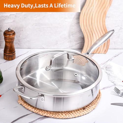 DELARLO Whole Body Tri-Ply Stainless Steel Sauté Pan with lid, 6 Quarts Saute Pan, 12 Inch Deep Frying Pan, Induction Compatible Chef Cooking Pan, Dishwasher & Oven Safe - CookCave