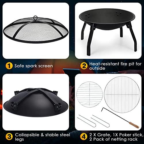 Cogesu Fire Pit, 22in Foldable Wood Burning Fire Pits for Outside, FirePit with Carry Bag, Spark Screen & Poker, Pack Grill, Folding Legs for Camping, Picnic, Bonfire - CookCave