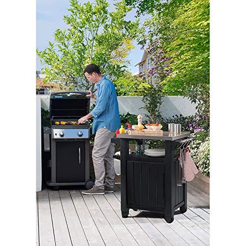 Keter Unity 40 Gallon Portable Weatherproof Outdoor Grill Table Cart with Stainless Steel Countertop, Hook Storage Hangers, and Sidebars, Gray - CookCave