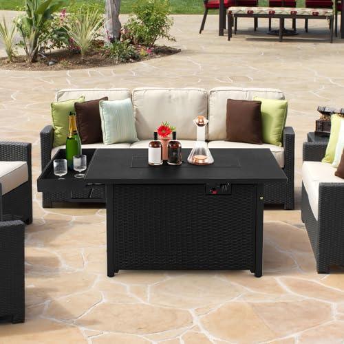 Giantex 52" Outdoor Propane Fire Pit - 50,000 BTU Wicker Patio Gas Fire Table w/Lid, Waterproof Cover, Tempered Glass Wind Guard & Blue Fire Stone, PE Rattan Firepit Table w/Storage Shelf (Black) - CookCave