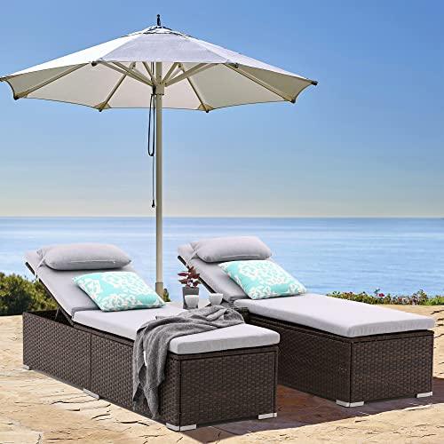 iArtHand 3 Pcs Patio Chaise Lounge with Coffee Table Cushion&Pillow Outdoor Lounge Chair Chaise Lounger Patio Reclining Chair, 5 Angle Adjustment, PE Rattan for Courtyards Poolside Garden (Coffee) - CookCave