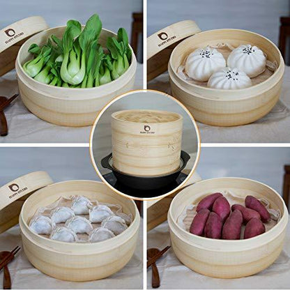 HAPPi STUDIO Bamboo Steamer Basket With Steamer Ring - 10 inch Dumpling Steamer Basket - Large Bamboo Steamer for Cooking Bao Buns, Dim Sum - Chinese Steamer Bamboo Steam Basket - Steaming Basket - CookCave