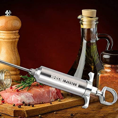 Grill Beast - 304 Stainless Steel Meat Injector Kit with 2-oz Large Capacity Barrel and 3 Professional Marinade Needles - CookCave
