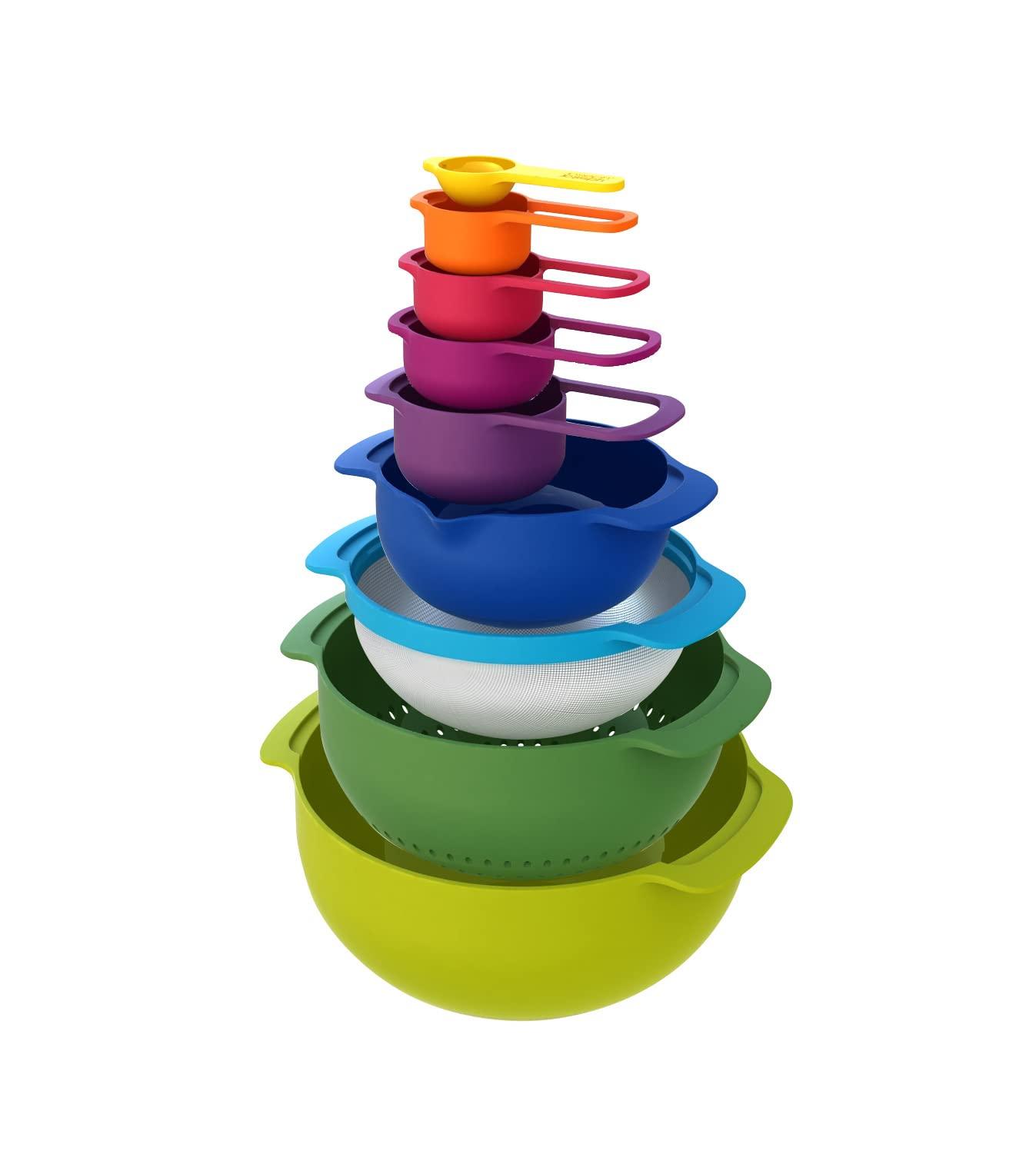 Joseph Joseph Nest 9 Plus, 9 Piece Compact Food Preparation Set with Mixing Bowls, Measuring cups, Sieve and Colander, MultiColor - CookCave