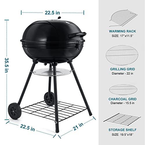 Joyfair 22-inch Kettle Charcoal Grill with Thermometer, 2 Layer Racks Barbecue Grill for Outdoor Camping Backyard Party BBQ Cooking, Premium Material & Heavy Duty, Extra Thick Steel & Enamel Coated - CookCave