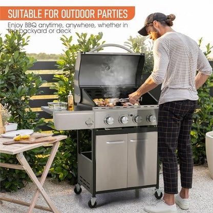 Sophia & William 4-Burner Gas BBQ Grill with Side Burner and Porcelain-Enameled Cast Iron Grates 42,000BTU Outdoor Cooking Stainless Steel Propane Grills Cabinet Style Garden Barbecue Grill, Silver - CookCave