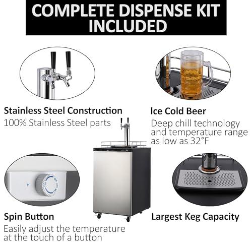 PioneerWorks Beer Kegerator, Dual Tap Draft Beer Dispenser, Full Size Stainless Steel Keg Refrigerator With Drip Tray, CO2 Cylinder, 32°F- 50°F Temperature Control, 170L - CookCave