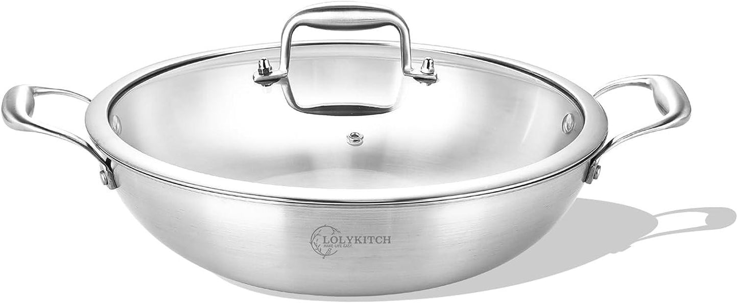 LOLYKITCH 13 Inch Tri-Ply Stainless Steel Wok Pan with Lid,Deep Frying Pan,Saute Pan,Jumbo Cooker,Induction Cookware,Dishwasher and Oven Safe.（5.8 Quarts） - CookCave