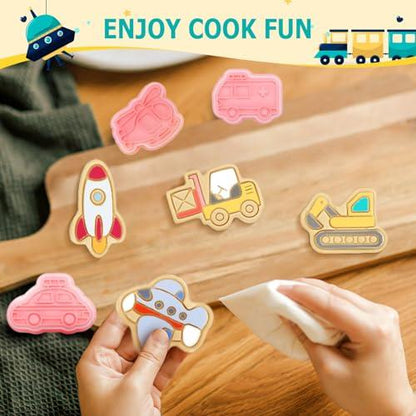 Guiqulai 16 PCS Transportation Vehicle Cookie Cutters with Plunger Stamper, Car Cookie Mould Set, Transportation Theme Set Embossing Dies, Construction Vehicles Cookie Cutters Set for Fondant Cookies - CookCave