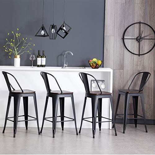 HAOBO Home 30" High Back Barstools Metal Stool with Wooden Seat [Set of 4] Counter Height Bar Stools, Matte Black - CookCave