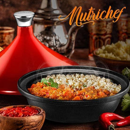 NutriChef NutriChefKitchen Tagine Moroccan Cooker 2.75-Quart Cooking Pot with Stainless Steel Knob, Base, and Cone-Shaped cast iron Enameled Lid (Red), One Size - CookCave