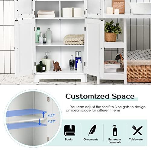 HAPPYGRILL Bathroom Storage Cabinet with Adjustable Shelf, Bathroom Cabinets Freestanding with Anti-toppling Device, Bathroom Floor Cabinet w/Tempered Glass Doors for Kitchen Dining Room Living Room - CookCave
