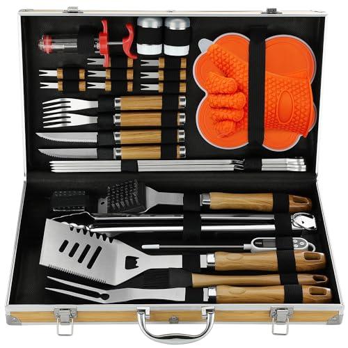 N NOBLE FAMILY Premium Grill Accessories Set with Bamboo Grain Smooth Handle - 30PCS Stainless Steel BBQ Tools Set with Bamboo Grain Suitcase - Unique BBQ Utensils Set Gift for Men Women - CookCave