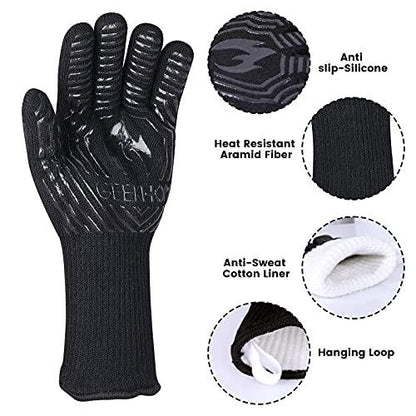 GEEKHOM BBQ Gloves,1472℉ Heat Resistant Grill Gloves, EN407 Certified 13 Inch Grilling Gloves for Smoker, Baking, Cooking, Fire Pit (Black-Flames Texture) - CookCave