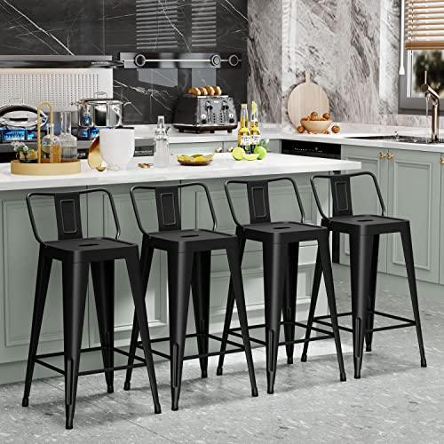 SHINEBOOM Metal Bar Stools Set of 4 Barstools Indoor/Outdoor Matte Black Counter Height Bar Stools Bar Chairs, Bar Stools with Back 24" Bar Stools Counter Height for Kitchen Island Dining Room - CookCave