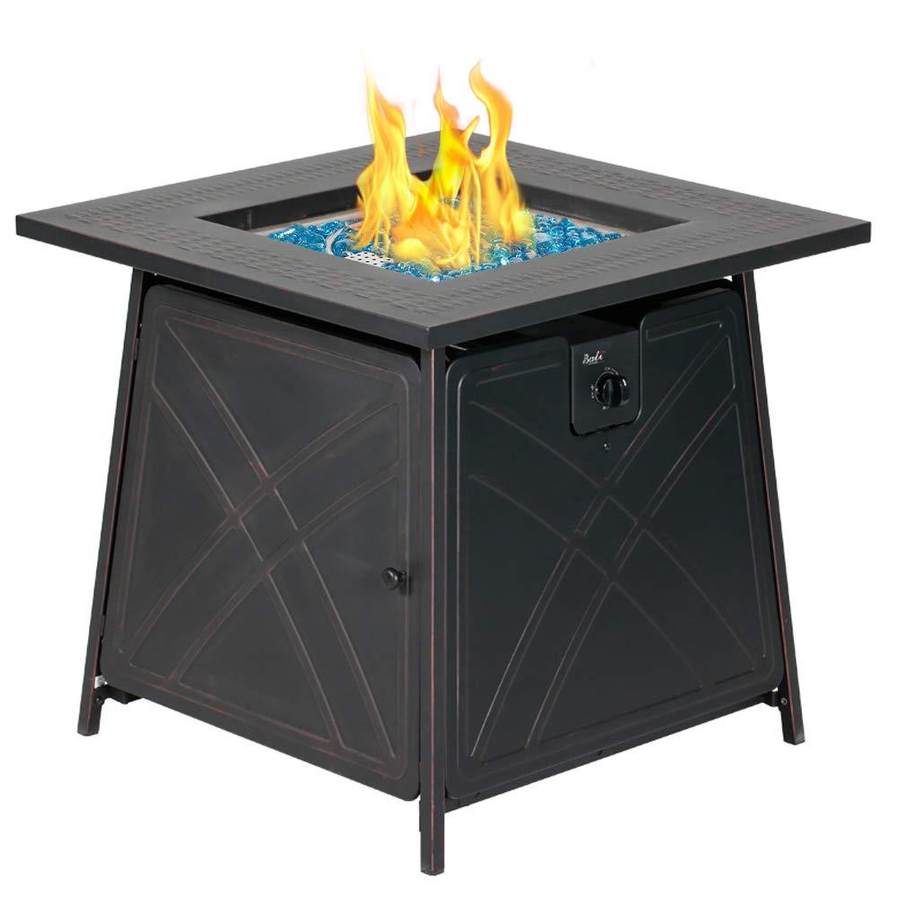 BALI OUTDOORS Gas FirePit Table, 28 inch 50,000 BTU Square Outdoor Propane Fire Pit Table with Lid and Blue Fire Glass - CookCave