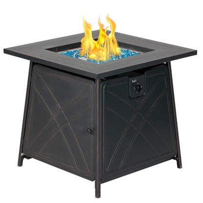 BALI OUTDOORS Gas FirePit Table, 28 inch 50,000 BTU Square Outdoor Propane Fire Pit Table with Lid and Blue Fire Glass - CookCave