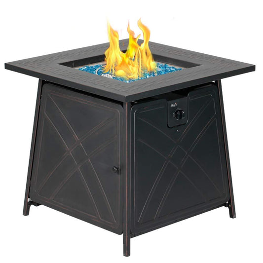 BALI OUTDOORS Gas FirePit Table, 28 inch 50,000 BTU Square Outdoor Propane Fire Pit Table with Lid and Blue Fire Glass - CookCave