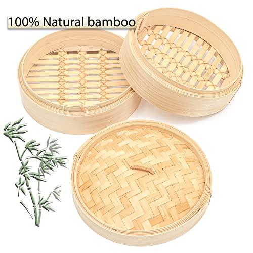 Trademark Innovations Bamboo Steamer - 3 Piece - 10 Inch Diameter - CookCave