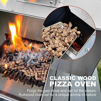 MAGIC FLAME Pizza Oven Outdoor Wood Fired Pizza Oven, Portable Stainless Steel Pellet Pizza Oven with Rotating Handle, Outdoor Pizza Maker with Pizza Stone, Pizza Peel, Pizza Cutter for Camping BBQ - CookCave