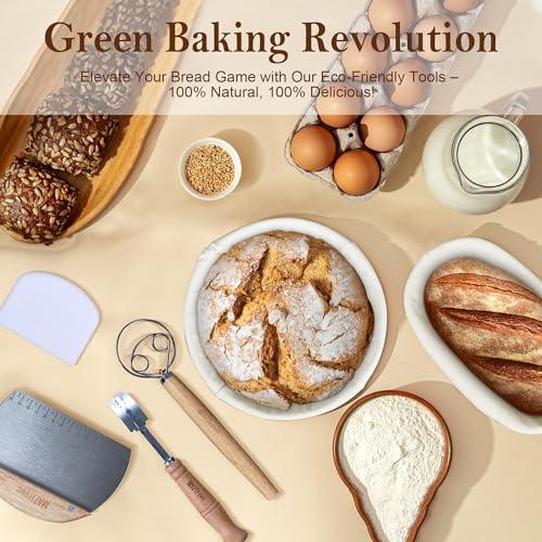 Banneton Bread Proofing Basket Set of 2 - Proofing Baskets 10" Oval and 9" Round Rattan Sourdough Bread Baking Supplies with Bread Lame, Dough Scrapers, Linen Liner, Dough Whisk & Bread Bag - CookCave