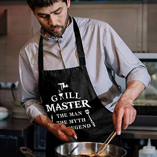 Rosoz Funny Aprons for Men - The Grill Master, The Man The Myth The Legend - Cooking Grilling BBQ Chef Apron for a Husband, Dad Gifts, Waterproof Oil Proof Black Apron with 2 Pockets - CookCave