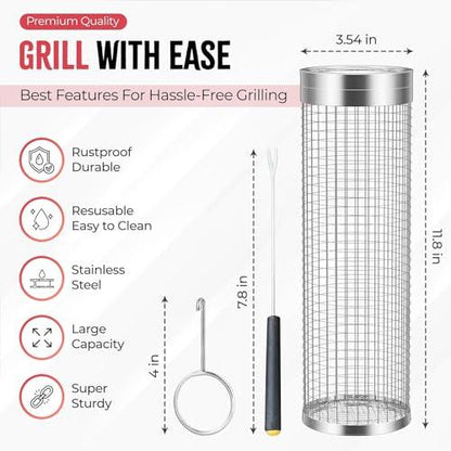 Rolling Grilling Basket, Grill Basket, 2 PCS Cylinder Stainless Steel Large Round Barbecue Baskets, Portable Outdoor Camping BBQ Net Tube for Veggies, Fish, Vegetables, Grill Accessories Gifts for Men - CookCave