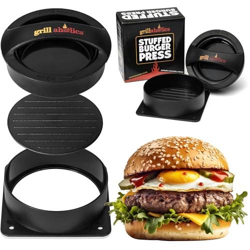 Grillaholics Stuffed Burger Press and Recipe eBook - Extended Warranty - Hamburger Patty Maker for Grilling - BBQ Grill Accessories - CookCave