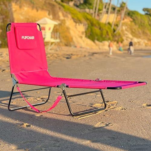 Lawn Chair Chaise Lounge 2 Legs Support Polyester Material Reclining Backrest Head Rest Pillow Great For Beach, Home, Backyard, Outdoor, Patio, Pool, Camping, Lawn or Deck Color PINK - CookCave