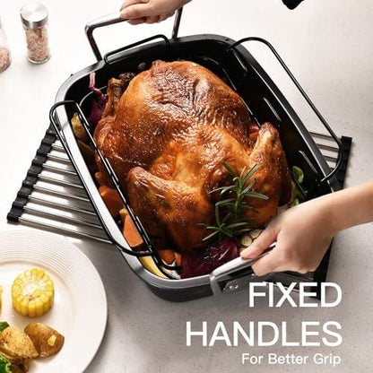 HONGBAKE Nonstick Turkey Roasting Pan with Rack, 17 x 13 Inch Large Chicken Roaster Pan for Oven, Suitable for 25lb Turkey, Heavy Duty, Dark Grey - CookCave