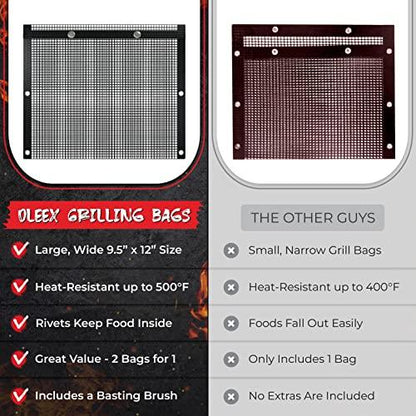 Oleex Non-Stick Large BBQ Grilling Bags + Basting Brush - Reusable PTFE Mesh Indoor Outdoor Charcoal Barbecue Grill Bag Accessories, Heat-Resistant Up to 500 F, Easy to Clean, Dishwasher-Safe - CookCave