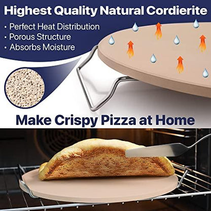 16" Pizza Stone for Oven & Grill with Handles - Natural Cordierite Baking Stone Set with SS Rack & Plastic Scraper (1500 °F Resistant, Round, Large) - CookCave