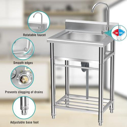 Lafati Stainless Steel Utility Sink - Single Bowl Free Standing Kitchen Sink NSF Certificated with Cold and Hot Water for Farmhouse, Bathroom, Bar, Laundry Room (23 Inch) - CookCave