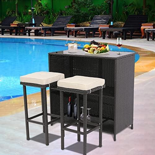 BPTD 3 Piece Outdoor Rattan Wicker Bar Set with 2 Cushions Stools and Glass Top Table Patio Wicker Outdoor Furniture with Removable Cushions for Balcony,Porch, Garden or Poolside (Expresso-Beige) - CookCave