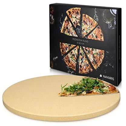 Navaris XL Pizza Stone for Baking - Cordierite Pizza Stone Plate for BBQ Grill Oven - Cook Serve Pizza, Bread - Incl. Recipe Book - Round, 12" x 0.6" - CookCave