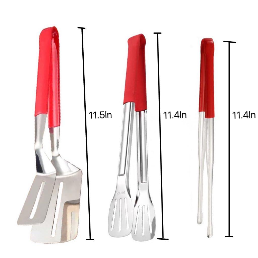 3Pcs 304 Stainless Steel Grill Clamp Kitchen Cooking Tongs Multipurpose Barbecue Clamp Spatula for Gripper Bread Clip, Fried Steak Clamp, Flipping Fish, Toast Salad Tongs(Red Anti-Scald Handle) - CookCave