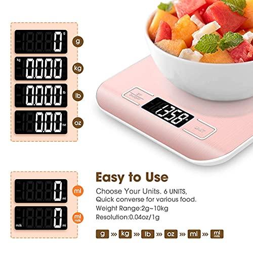 Mik-Nana Food Scale Pink, 10kg/22lb Digital Kitchen Scale Weight Grams and Oz for Baking and Cooking, 1g/0.1oz Precise Graduation, Easy Clean Stainless Steel - CookCave