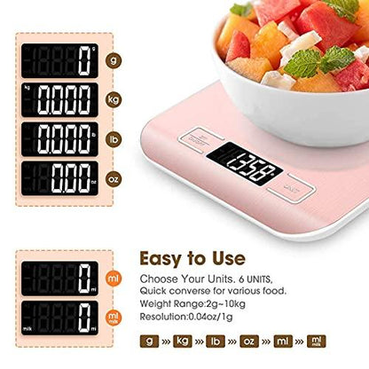 Mik-Nana Food Scale Pink, 10kg/22lb Digital Kitchen Scale Weight Grams and Oz for Baking and Cooking, 1g/0.1oz Precise Graduation, Easy Clean Stainless Steel - CookCave