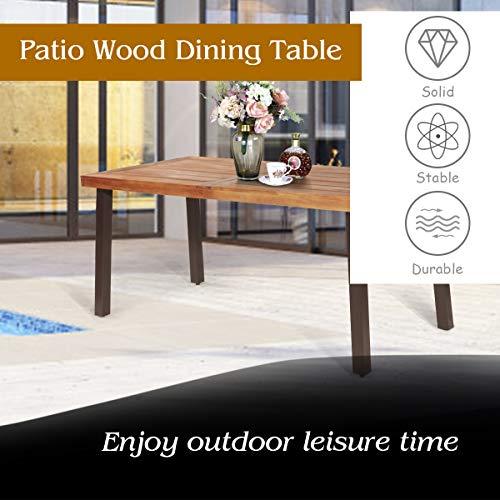 Tangkula Acacia Wood Outdoor Dining Table with Umbrella Hole, Modern Patio Table with Rustic Finished Steel Legs, Indoor & Outdoor Rectangular Table for Garden Park Poolside Porch - CookCave