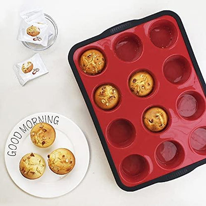 Aichoof Non-Stick Silicone Muffin Pan With Reinforced Stainless Steel Frame Inside,12 Cup Regular Muffin Baking Mold, 12 Cup Muffin Tin, BPA Free,Dishwasher Safe, Red - CookCave